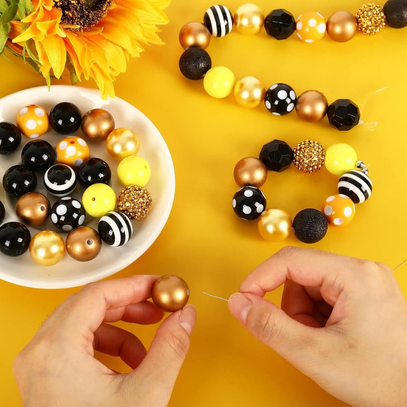 Wholesale Whaline 50Pcs 20mm Bee Theme Beads 10 Styles Mixed Bubblegum Beads Set Yellow Black Spacer Bead Chunky Beads Jumbo Plastic Beads for Crafts and Jewelry Making Boutique Craft Supplies