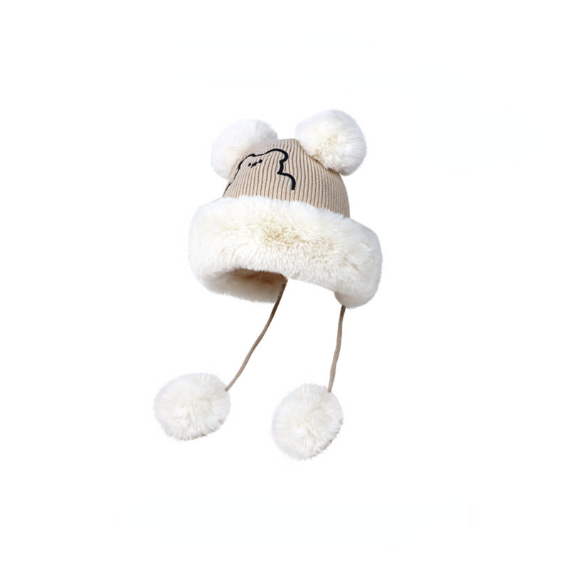 Wholesale 2023 Winter New Knitted Plus Velvet Embroidery Bear Fur Ball Acrylic Thermal Hat