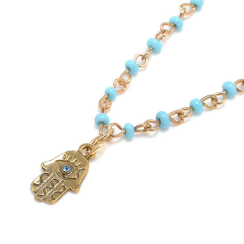 Wholesale Bohemian Double Layer Rice Beads Turquoise Sweater Chain Necklace
