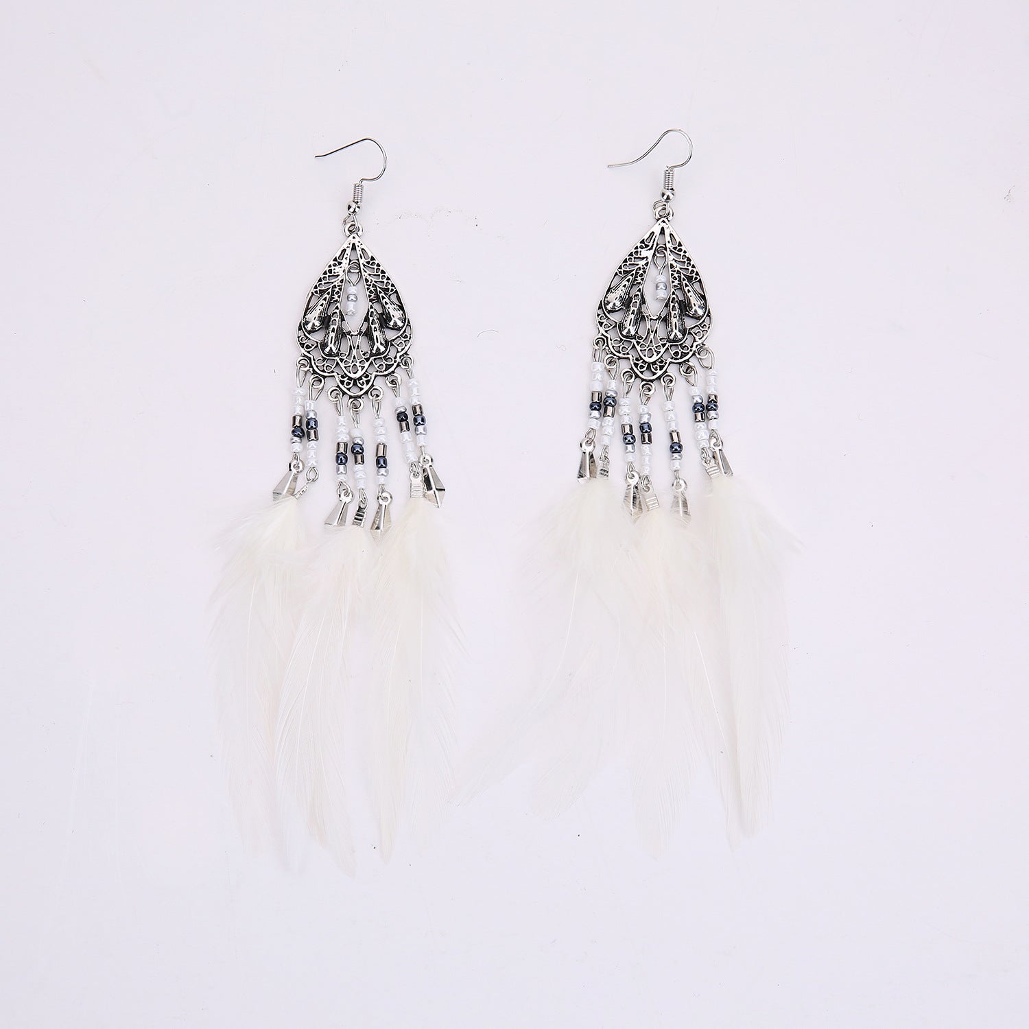 Wholesale Retro Ethnic Style Beaded Tassel Earrings Hollow Long Feather Design Alloy Jewelry Accessory Party Gift