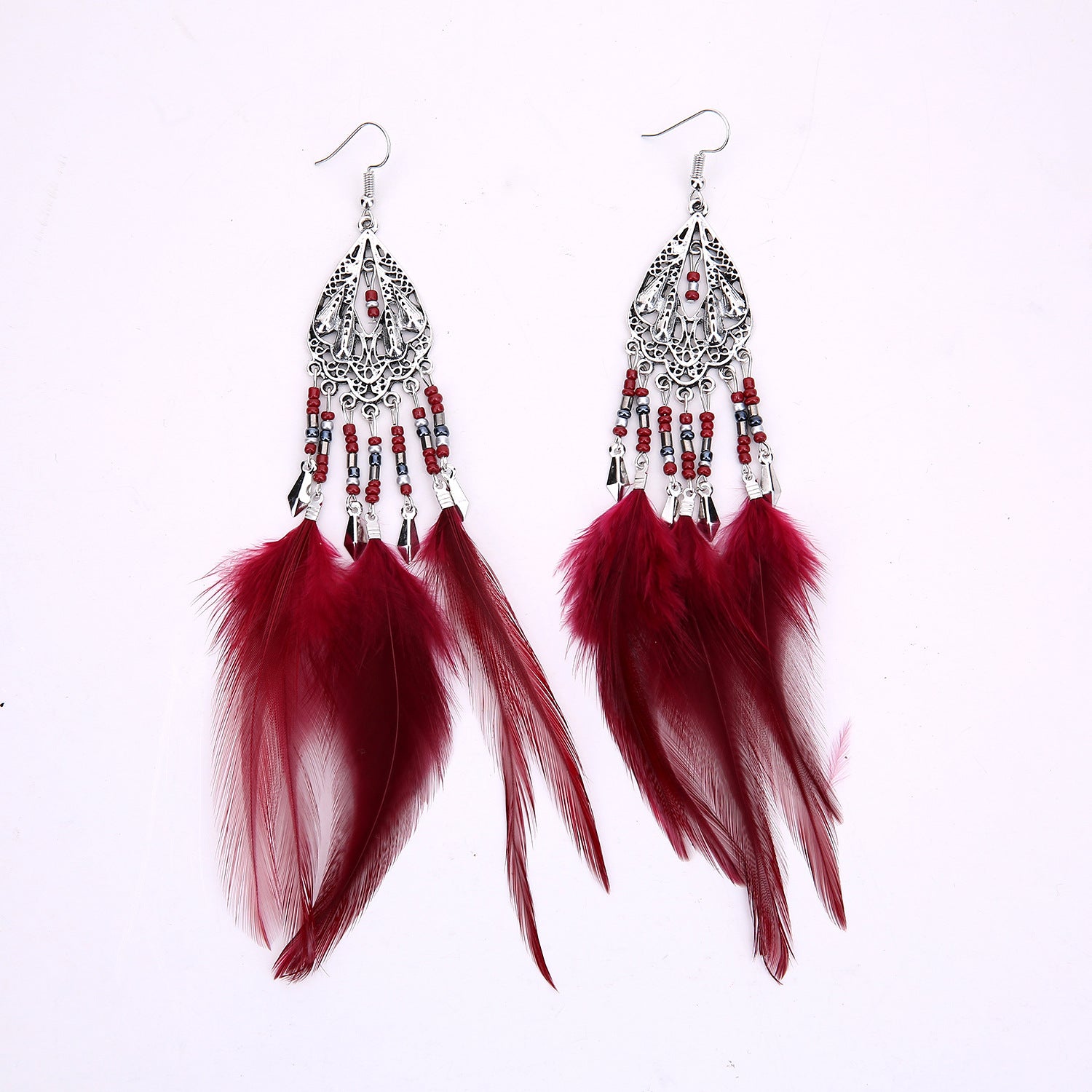 Wholesale Retro Ethnic Style Beaded Tassel Earrings Hollow Long Feather Design Alloy Jewelry Accessory Party Gift