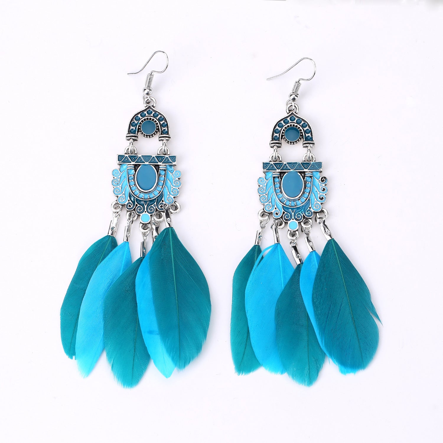 Wholesale Retro Fan Shaped Feather Earrings For Women Long Drop Ethnic Style Fashion Jewelry Gift