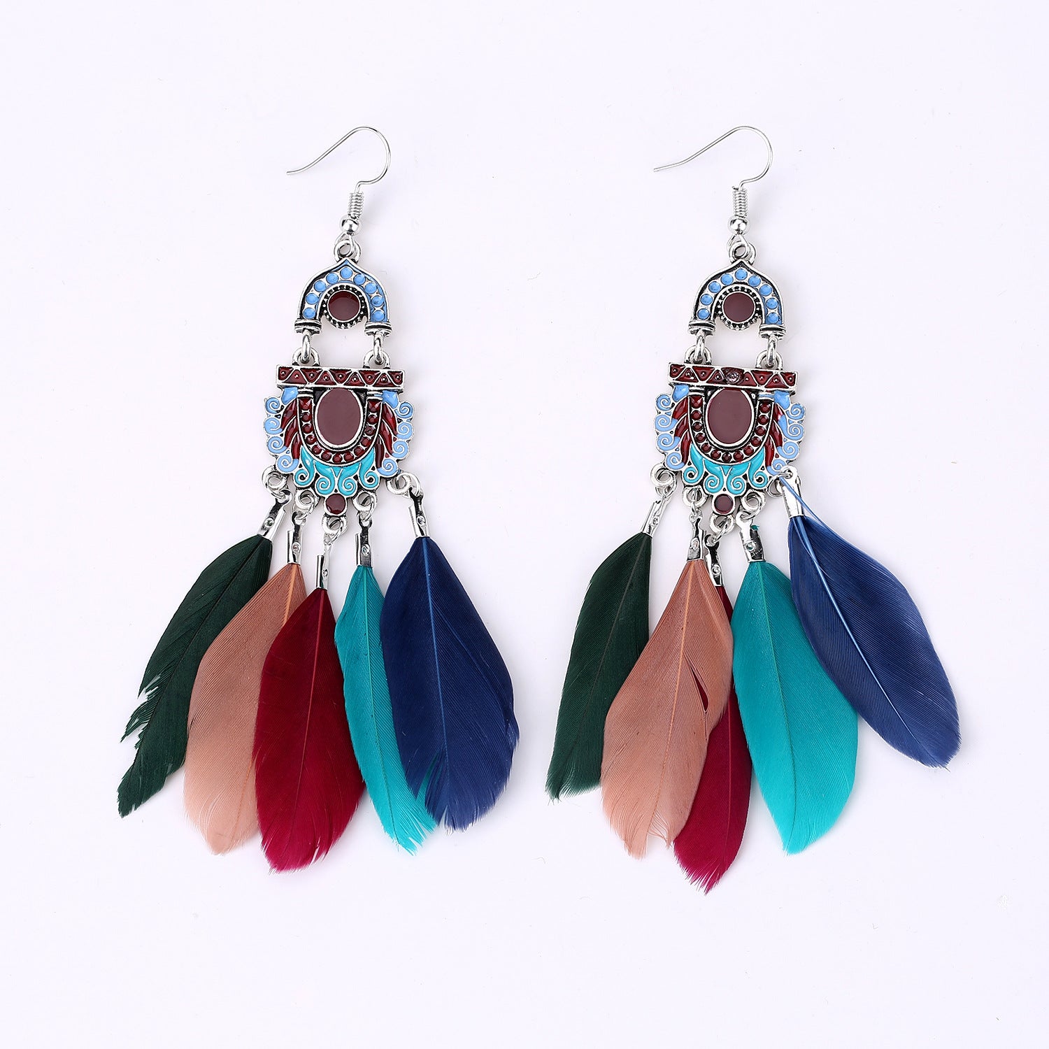 Wholesale Retro Fan Shaped Feather Earrings For Women Long Drop Ethnic Style Fashion Jewelry Gift