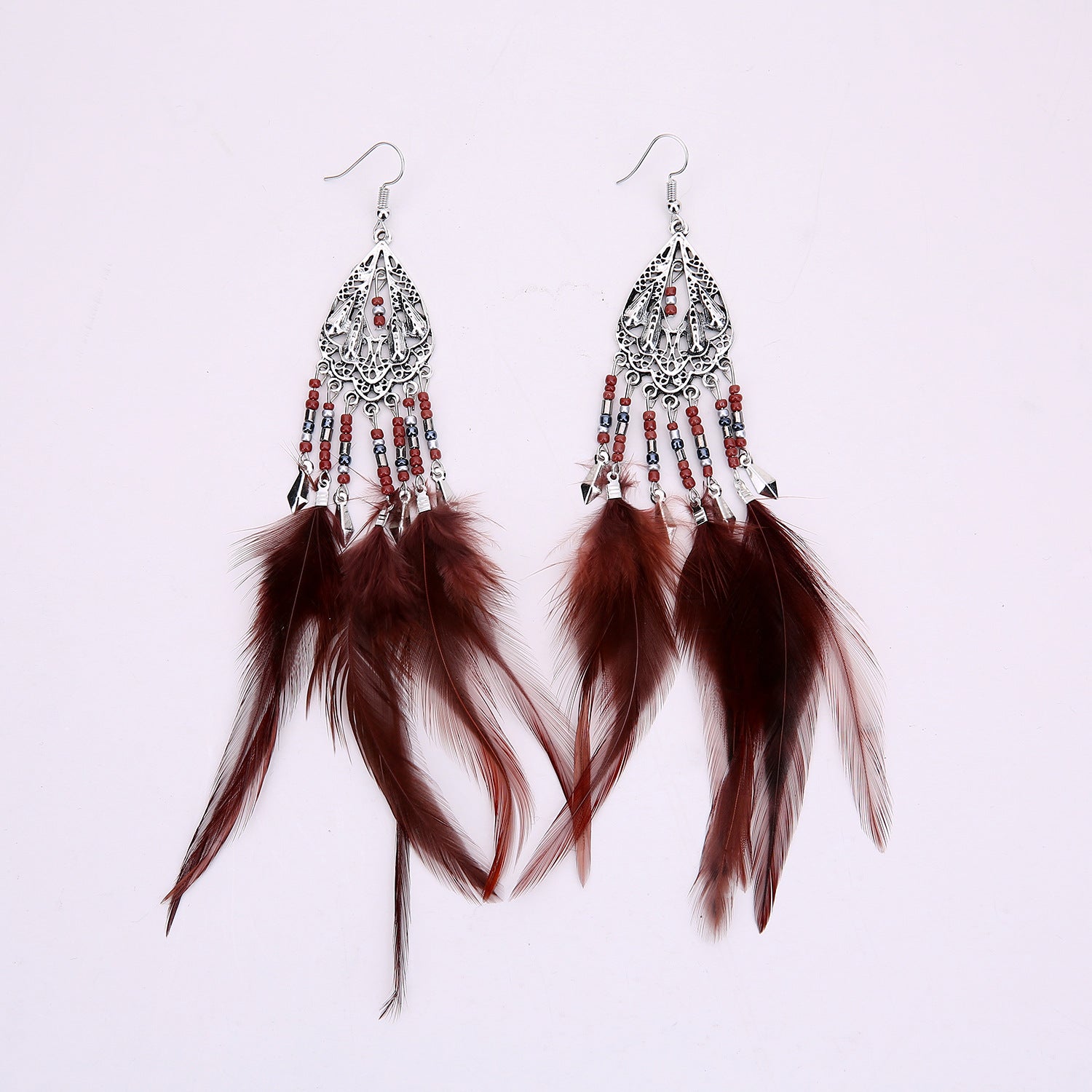Wholesale Retro Ethnic Style Beaded Tassel Earrings Hollow Long Feather Design Alloy Jewelry Accessory Party Gift
