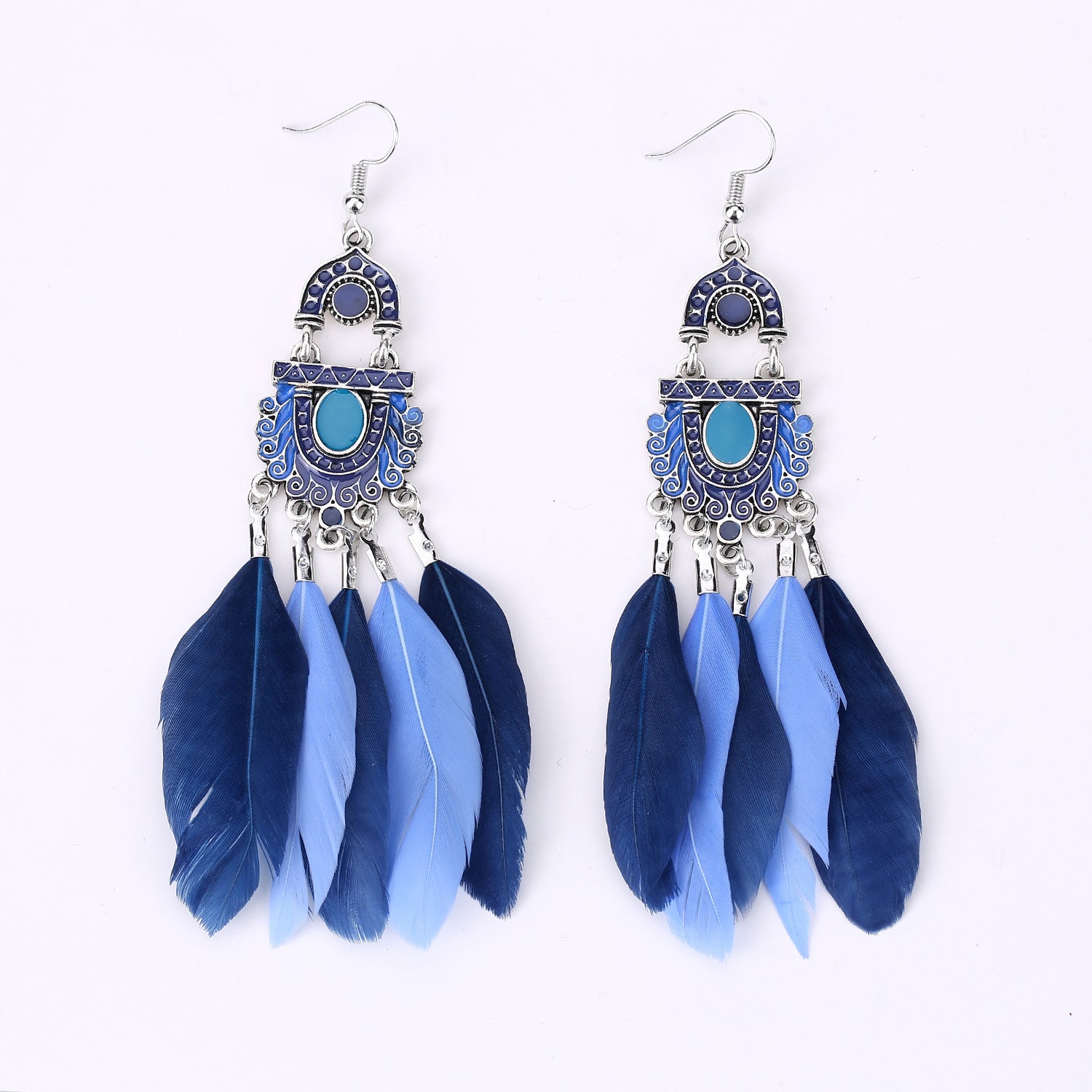 Wholesale Retro Fan Shaped Feather Earrings For Women Long Drop Ethnic Style Fashion Jewelry Gift