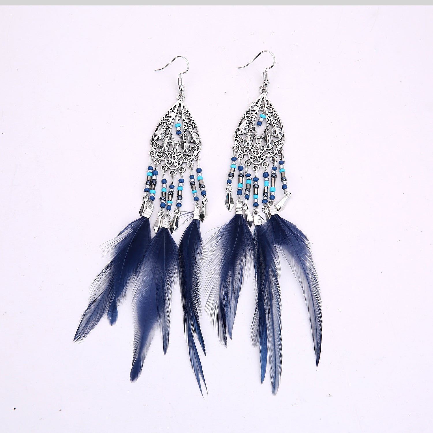 Wholesale Retro Ethnic Style Beaded Tassel Earrings Hollow Long Feather Design Alloy Jewelry Accessory Party Gift