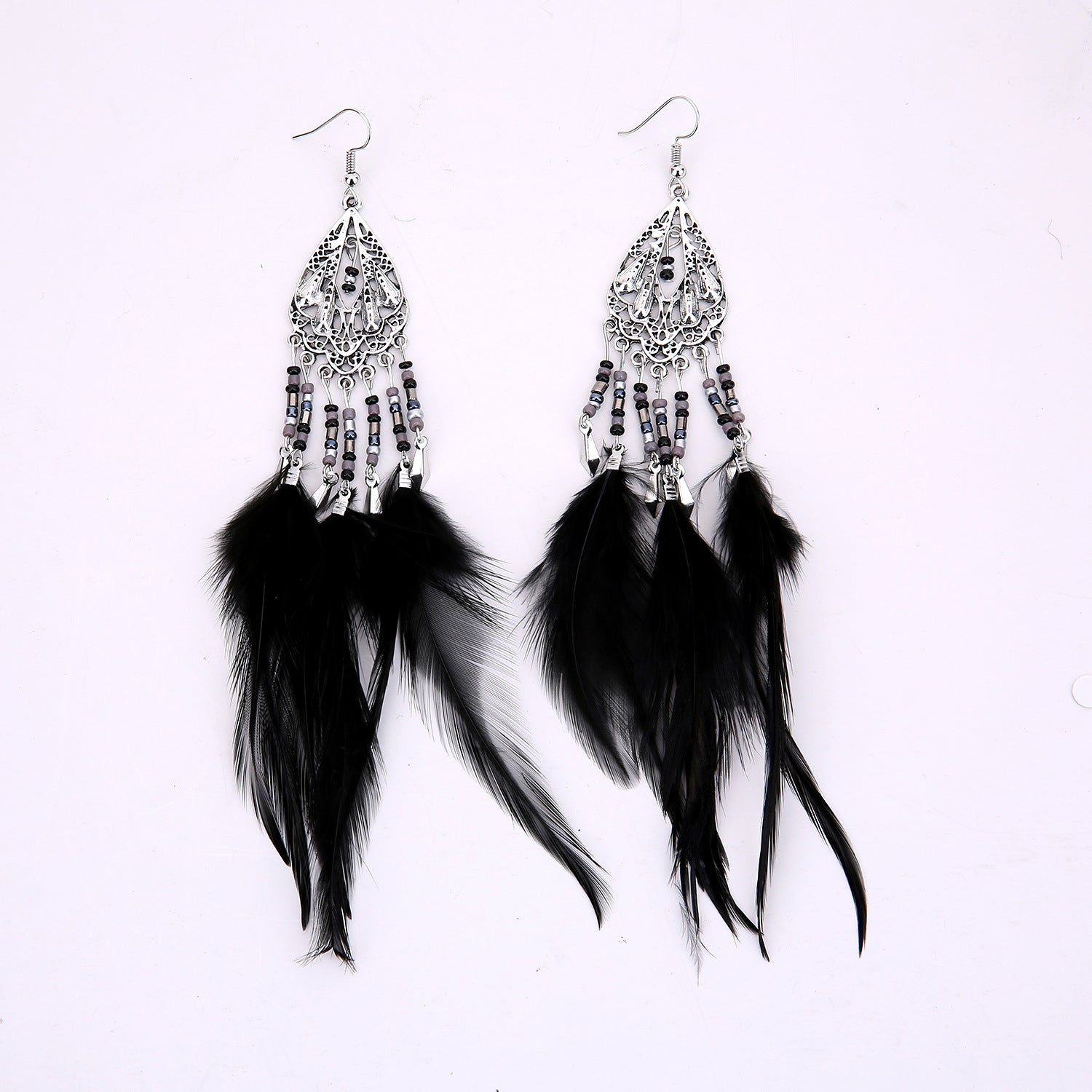 Wholesale Retro Ethnic Style Beaded Tassel Earrings Hollow Long Feather Design Alloy Jewelry Accessory Party Gift