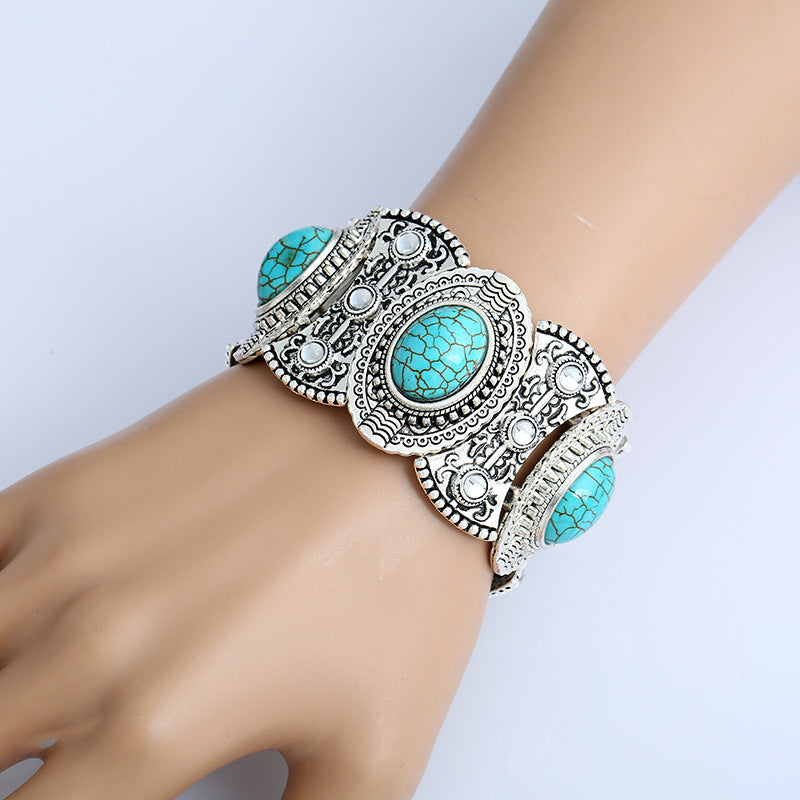 Wholesale Silver-plated diamond turquoise bracelet retro exaggerated bracelet