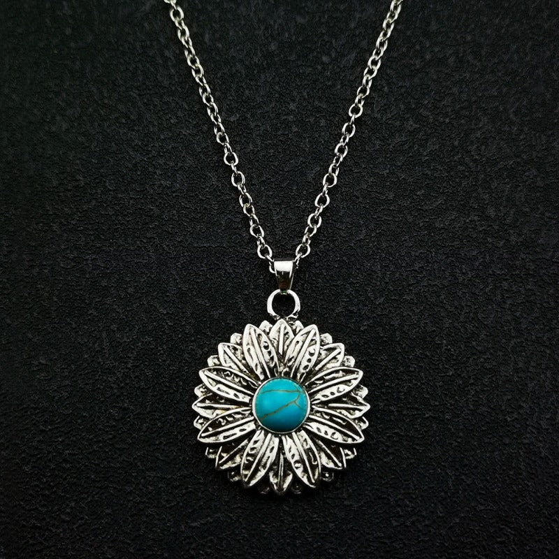 Wholesale Vintage Boho Blue Turquoise Sunflower Necklace