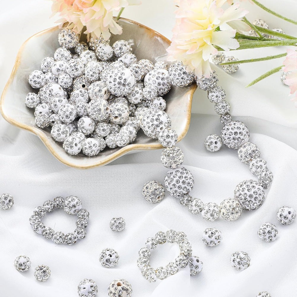 Wholesale 50 Pcs Rhinestones Beads 16mm, 12mm, 10mm, 8mm, 6mm Pave Disco Ball Beads Polymer Clay Czech Beads Round Crystal Diamond Glitter Beads for Bracelet Necklace Earring Crafting Jewelry Making