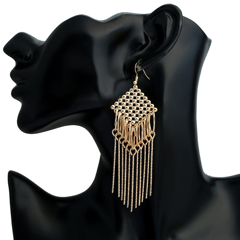 Wholesale Long tassel earrings with hollowed-out exaggerated design