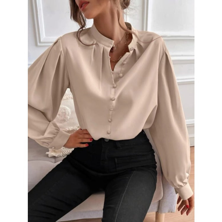 Wholesale New Elegant Solid Lapel Long Sleeve Single-breasted Loose Blouse with Solid Lapels