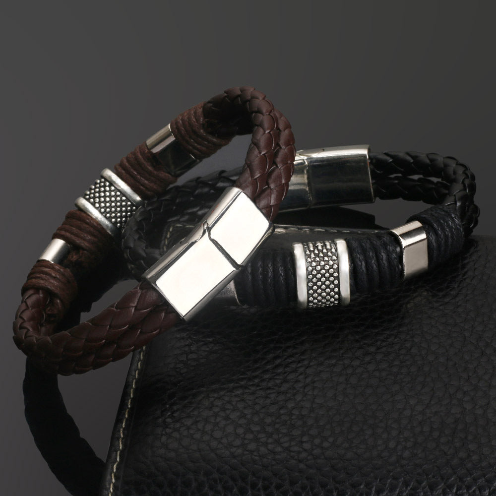 Wholesale Vintage Woven Leather Rope Men's Cowhide Magnetic Buckle Bracelet