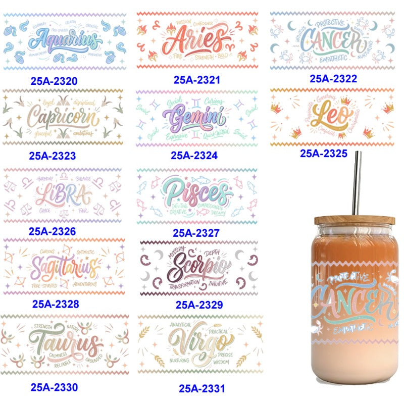 Wholesale 1pcs/5pcs Cartoon Pattern Colorful Letter The Twelve Zodiac Signs 16oz Cup UV DTF Wraps