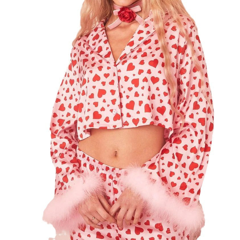 Wholesale Valentine's Day Polyester Exposed Navel Print Casual Set Pajamas