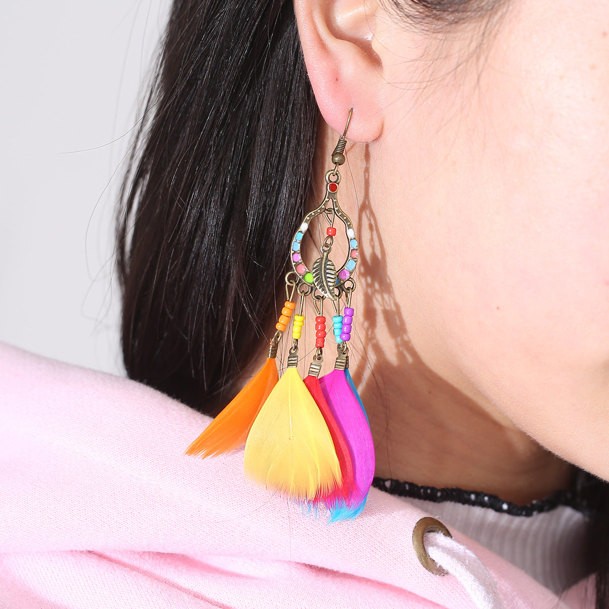 Wholesale Alloy Electroplated Retro Tassel Earrings With Feather Design Long Earrings For Women Chic Jewelry Accessory