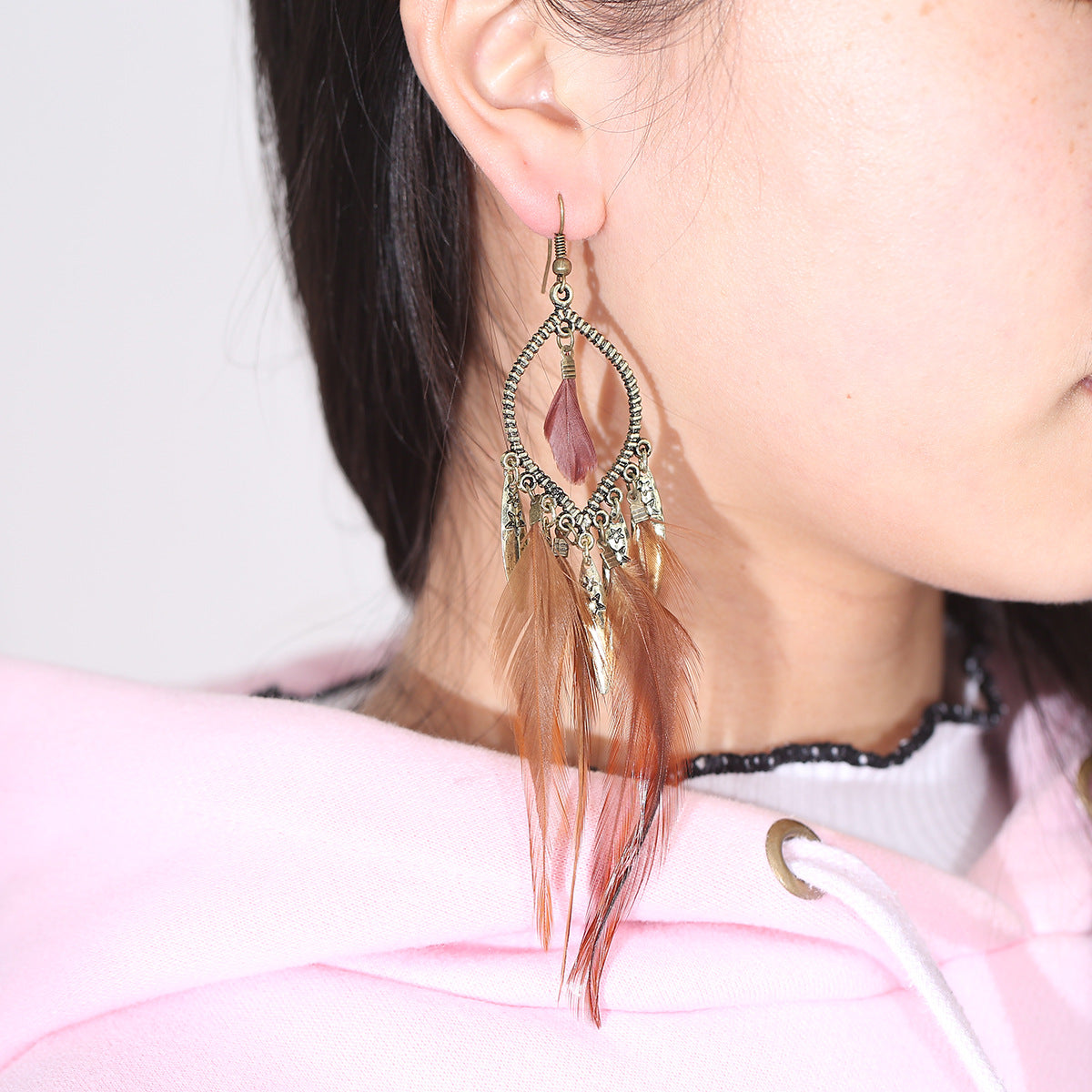 Wholesale Stylish Retro Tassel Feather Earrings For Women Long Ethnic Design Party Wear Fashion Accessory