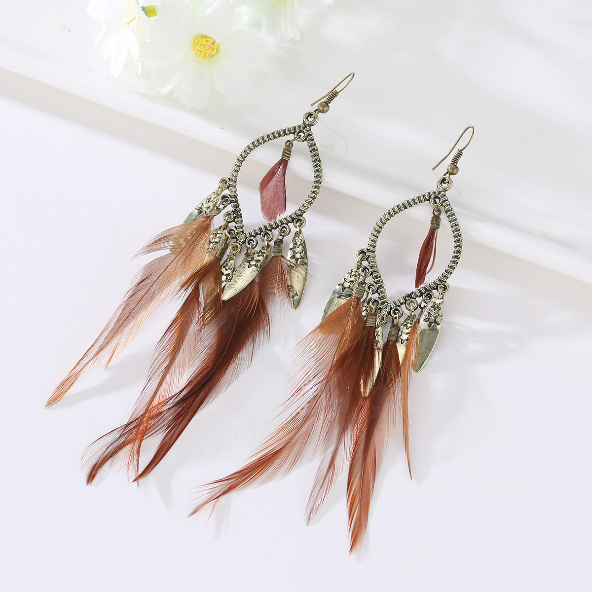 Wholesale Stylish Retro Tassel Feather Earrings For Women Long Ethnic Design Party Wear Fashion Accessory