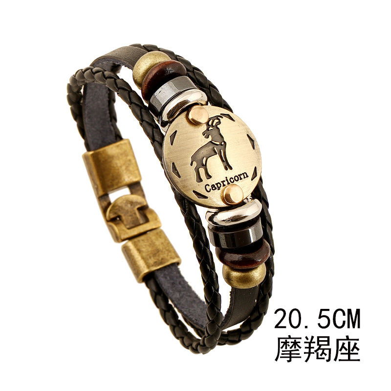 Wholesale Vintage 12 Zodiac Cowhide Multi-layer Bracelets