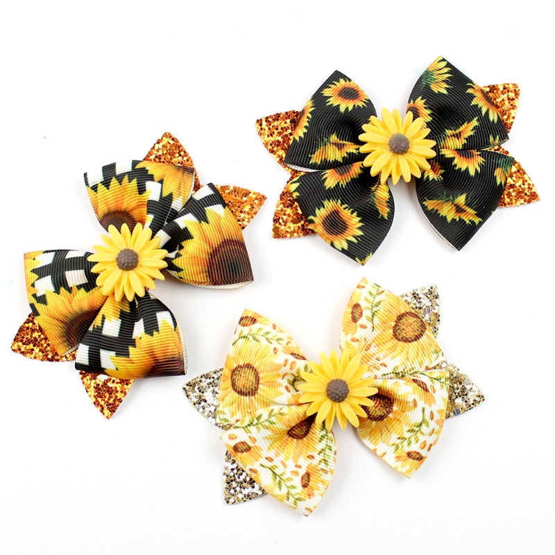 Wholesale 5pcs Shiny Boutique Bow Daisy Sunflower Print Hair Clip