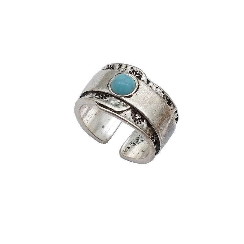 Wholesale Antique Silver Wide-rim Sunflower Pattern Turquoise Open Ring