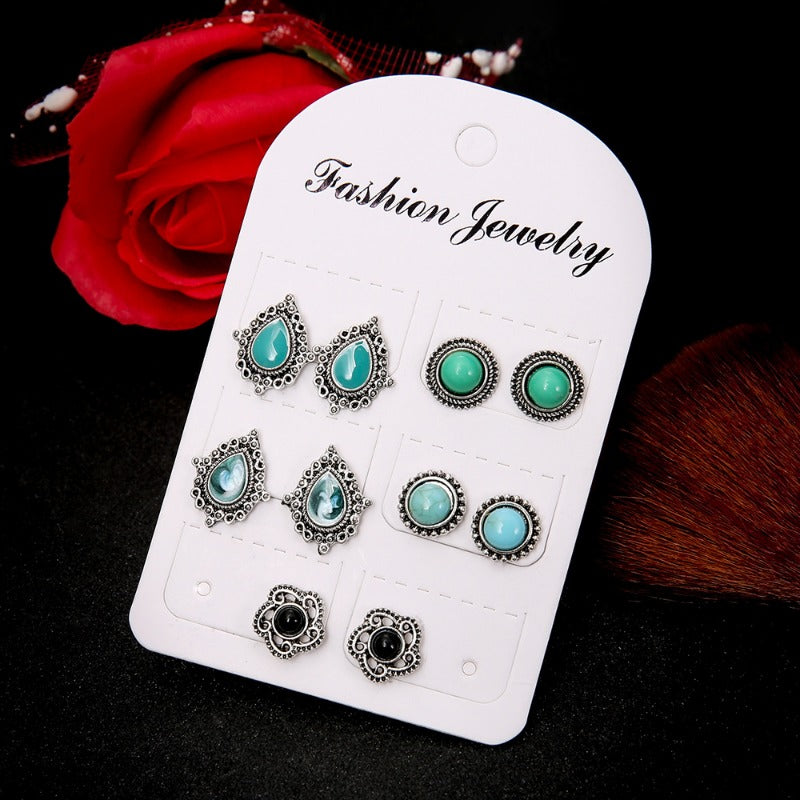 Wholesale Blue Dazzling Turquoise Gemstones Bohemian Style Stud Earrings