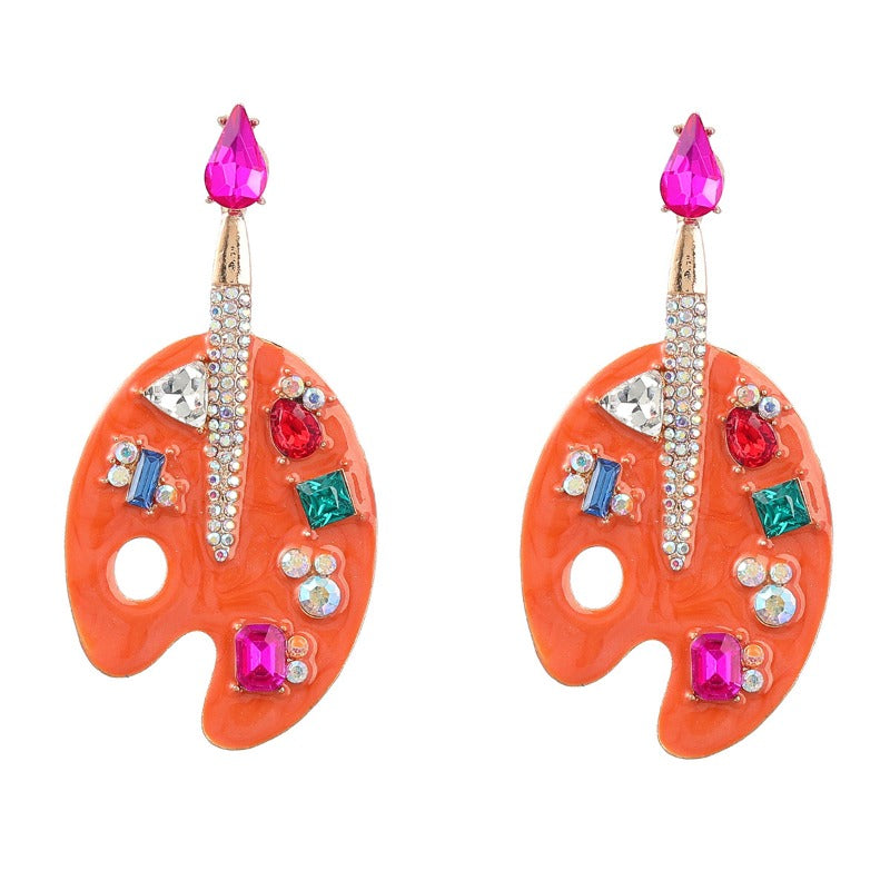 Wholesale Colored Diamond Alloy Drip Oil Inlaid Diamond Cartoon Palette Earrings