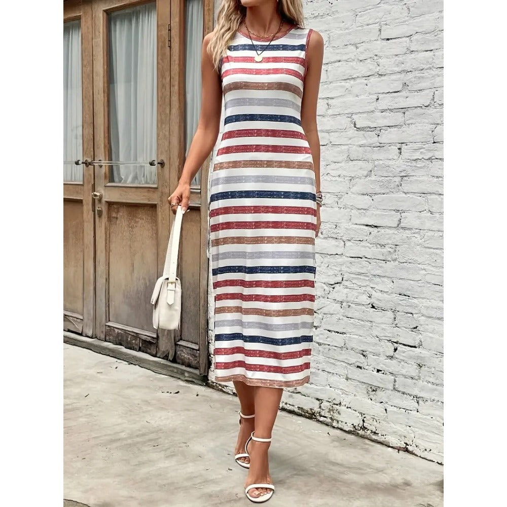 Wholesale Sleeveless Striped Sexy Slit Dress