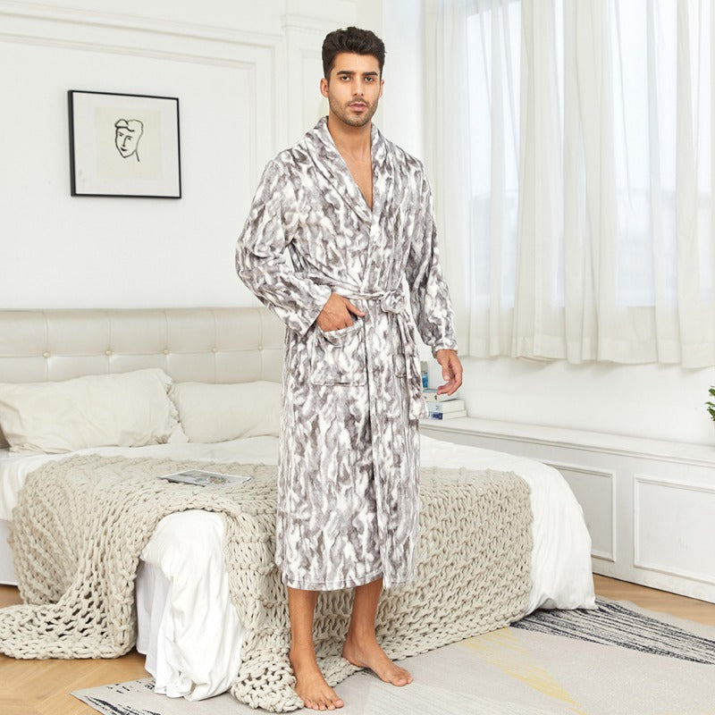 Wholesale Home Printed Bandage Warm Bathrobe Home Autumn and Winter Couple Flannel Comfortable Pajamas
