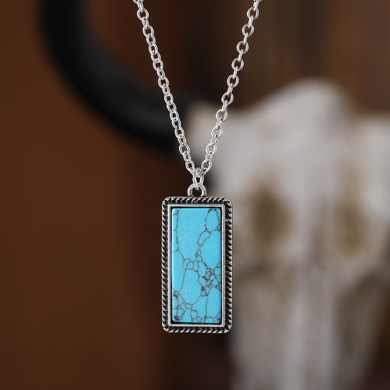 Wholesale Bohemian Inlaid Rectangular Turquoise Geometric Pendant Earrings Necklace Set