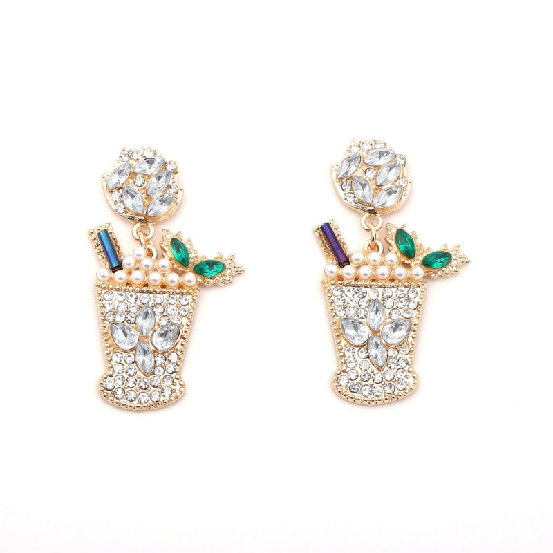 Wholesale Cold Drink Glass Shaped Pearl Studded Diamond Alloy Earrings