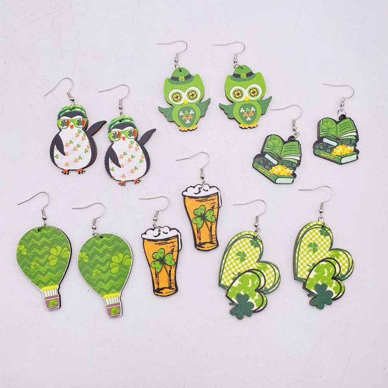 Wholesale St. Patrick's Day Irish Clover Penguin Owl Wooden Earrings