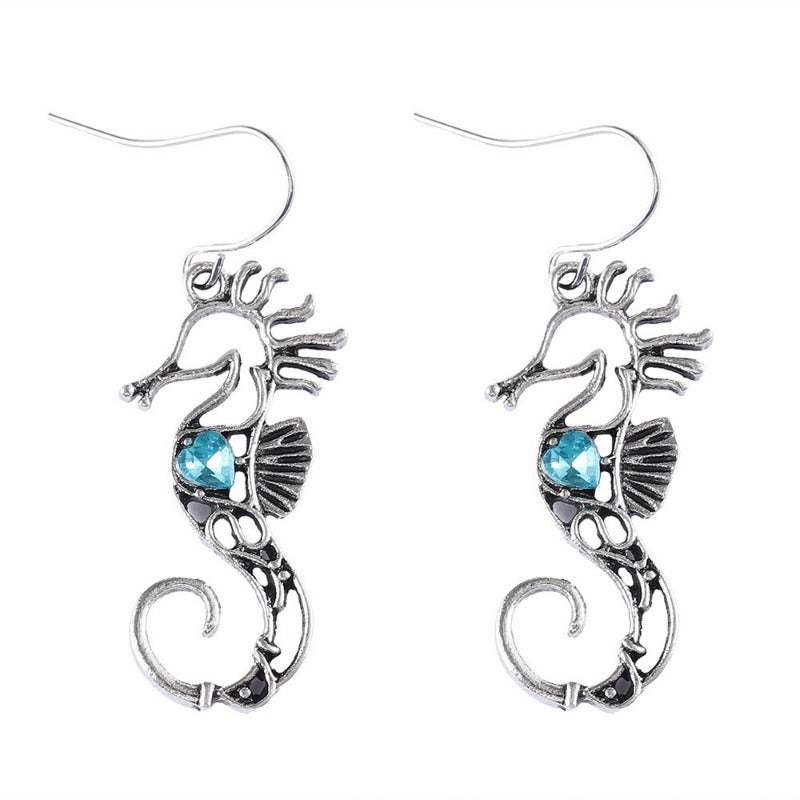 Wholesale Blue Gem Hollow Design Seahorse Fashion Creative Marine Life Earrings