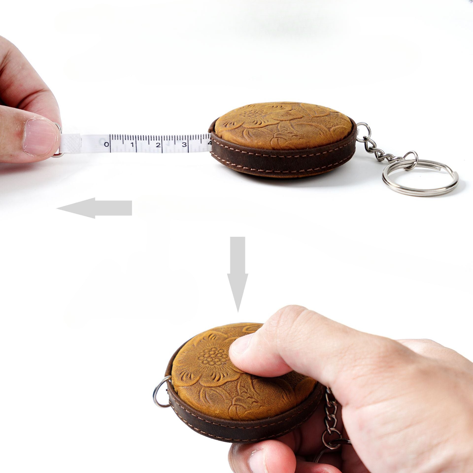 Wholesale First Layer Cowhide Handmade Mini Measuring Tape Pull Measure Retro Leather Keychain