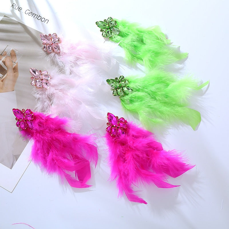 Wholesale Alloy Diamond Feather Flower Long Temperament Tassel Earrings