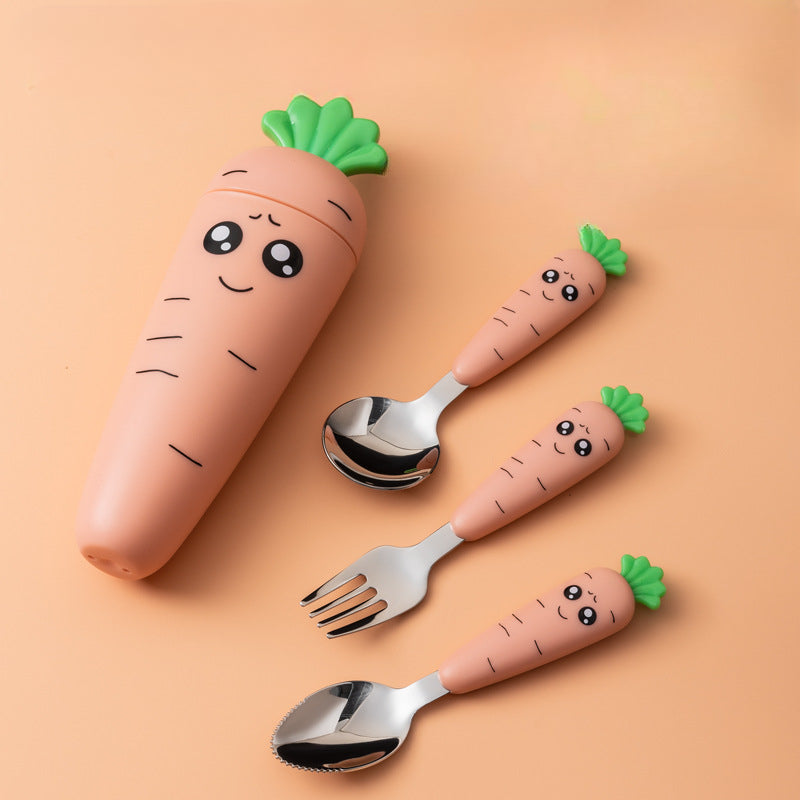 Wholesale Stainless Steel Baby Carrot Cute Short Spoon Fork Cutlery Set