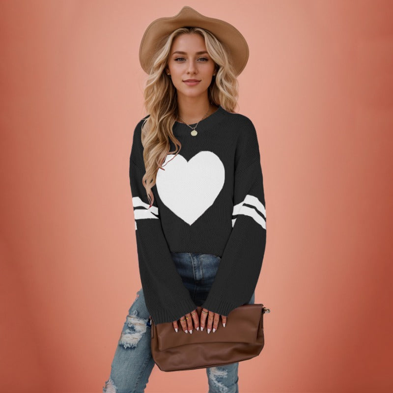 Wholesale Valentine's Day Contrast Color Heart Peach Round Neck Knit Sweater