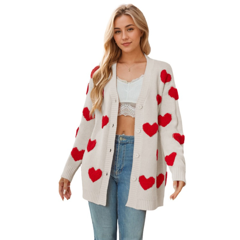 Wholesale Valentine's Day Heart Knitted Cardigan V-neck Button Midi-length Coat