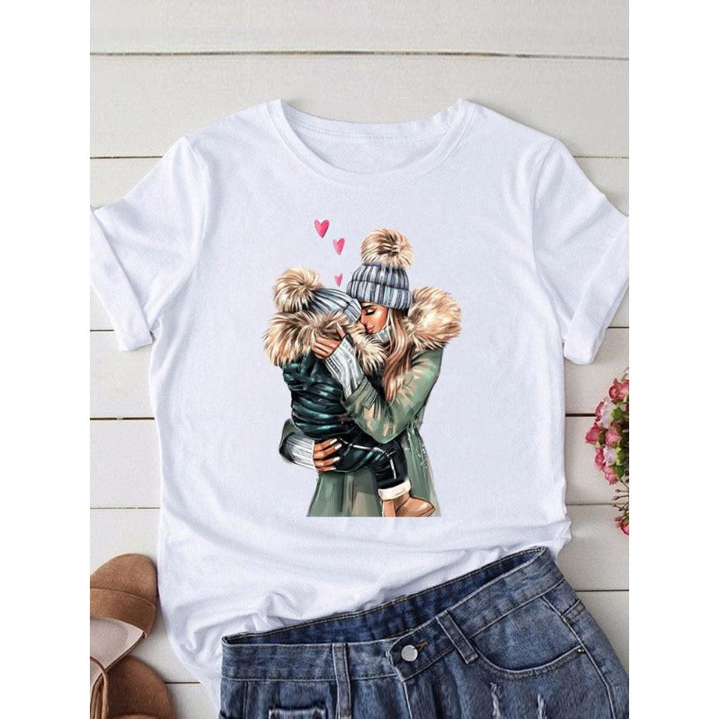 Wholesale Polyester Fun Mother's Day Printed Pattern Round Neck Short Sleeves