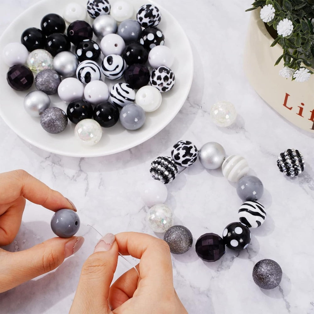 Wholesale Whaline 50Pcs 20mm Chunky Bubblegum Beads Black White Grey Cow Beads12 Styles Mixed Buffalo Plaid Spacer Beads Set Plastic Chunky Beads for Halloween Crafts Jewelry Making Boutique Craft Supplies
