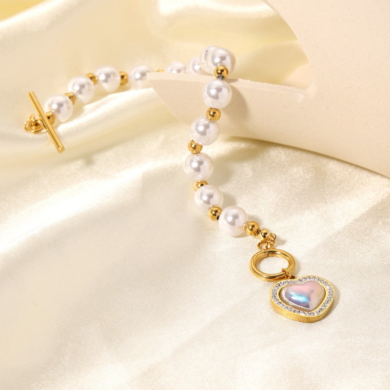 Wholesale French Baroque Pearl Love Titanium Steel Bracelet
