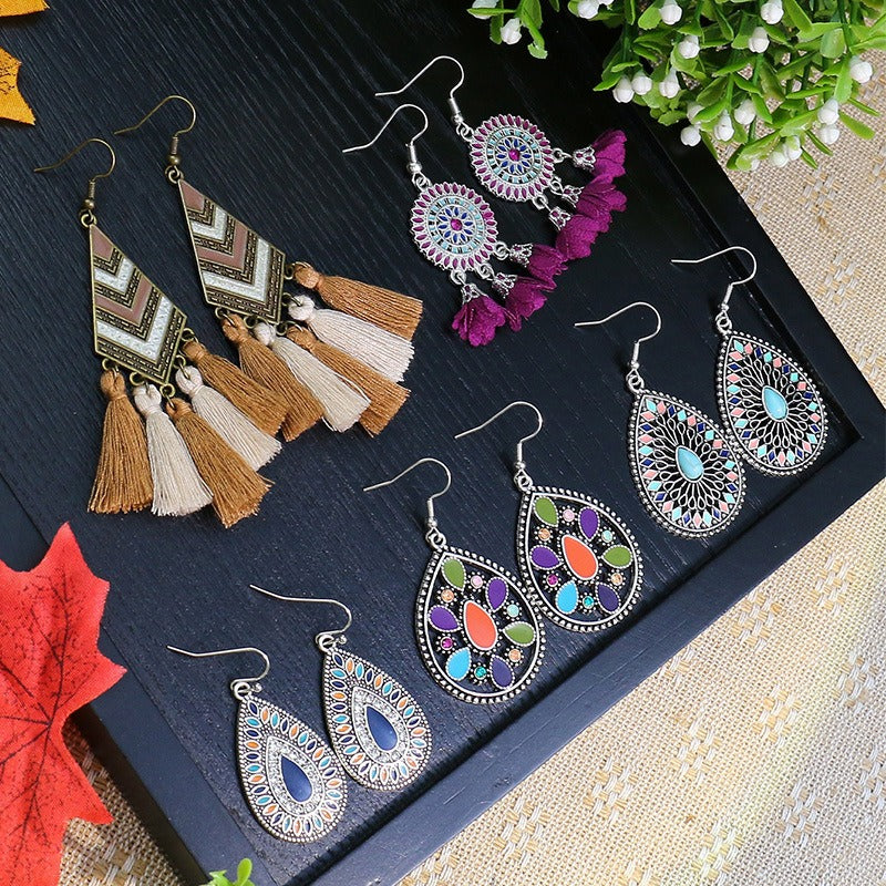 Wholesale Retro Ethnic Style Tassel Alloy Oil Drop Earrings