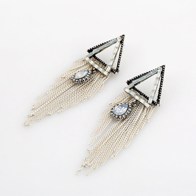 Wholesale Vintage long drop earrings with diamond-studded triangular water droplet tassels