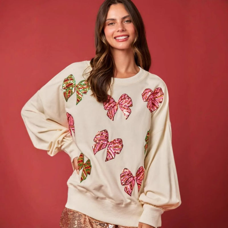 Wholesale Autumn/Winter Christmas Bow Shining Round Neck Long Sleeve Casual Women Clothes