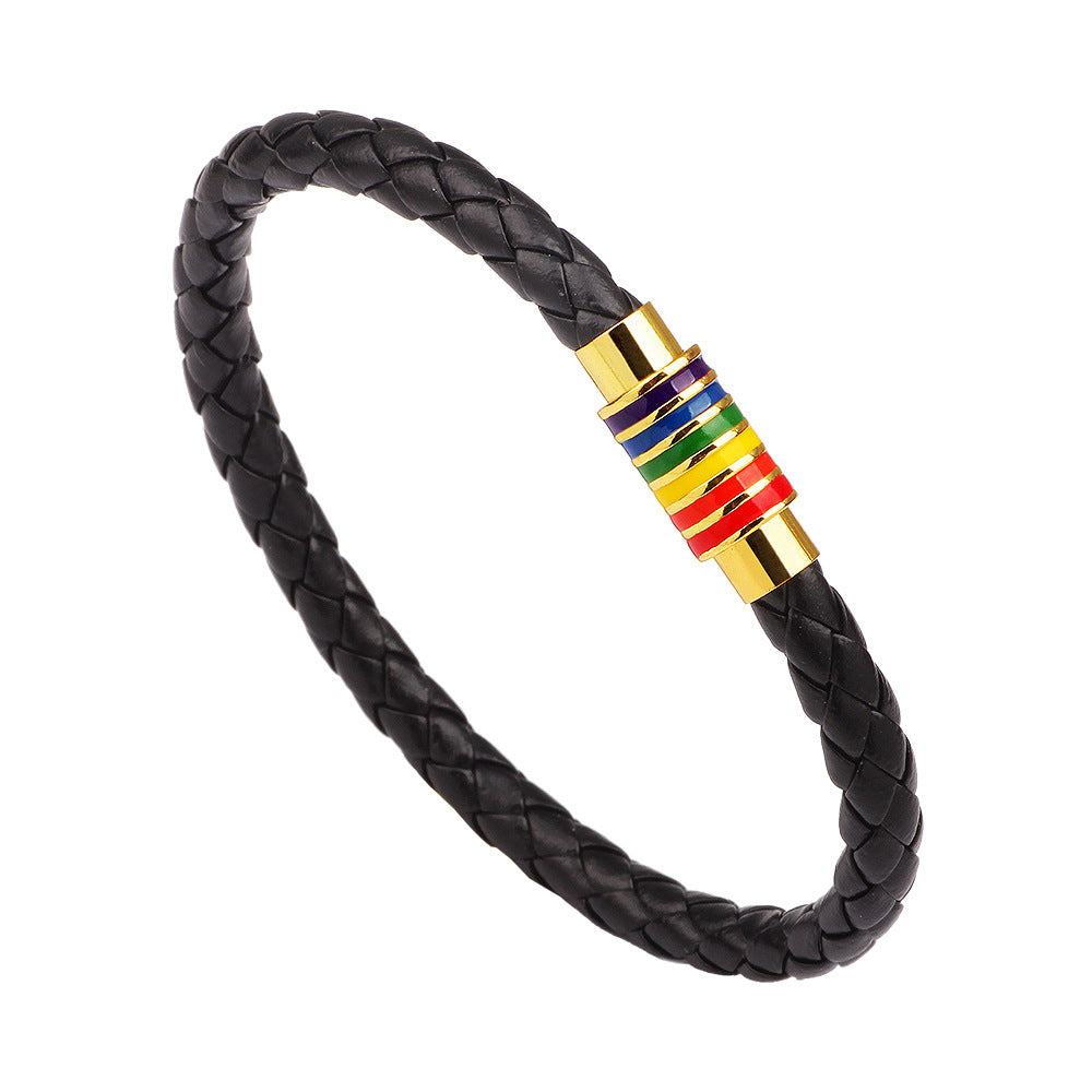 Wholesale Gay Braided Cowhide Rainbow Colorful Fashion Copper Magnetic Clasp Bracelet