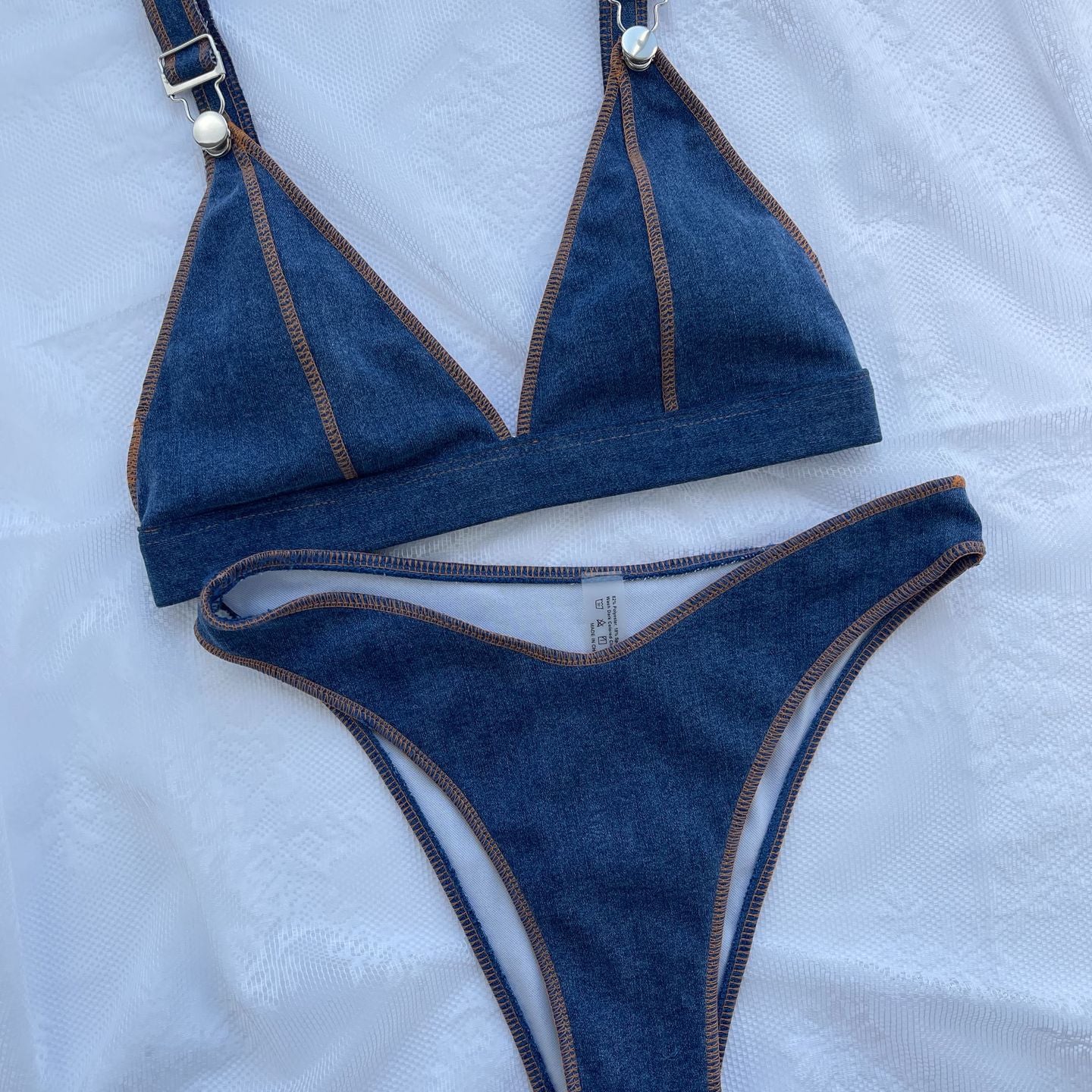 Wholesale Bikini Denim Blue Solid Polyester Swimwear