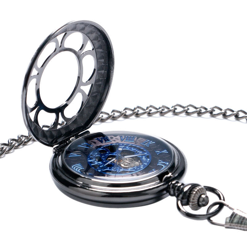 Wholesale  Tungsten Steel Gun Black Petal Blue Face Mechanical Pocket Watch Flip Hollow Pocket Watch Hot Selling Men's and Women's Hanging Watch