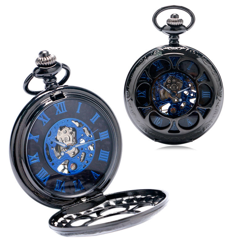Wholesale  Tungsten Steel Gun Black Petal Blue Face Mechanical Pocket Watch Flip Hollow Pocket Watch Hot Selling Men's and Women's Hanging Watch