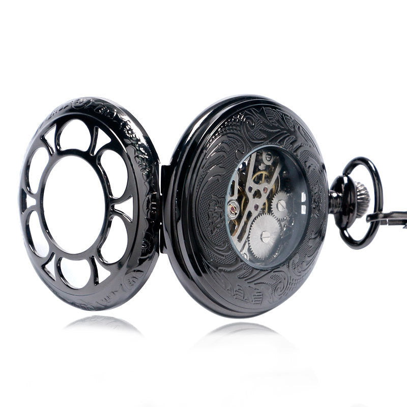 Wholesale  Tungsten Steel Gun Black Petal Blue Face Mechanical Pocket Watch Flip Hollow Pocket Watch Hot Selling Men's and Women's Hanging Watch