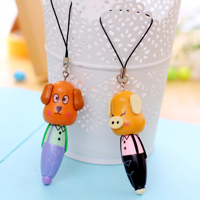 Wholesale Wooden Cartoon Animal Rollerball Pen Wooden Mobile Phone Pendant
